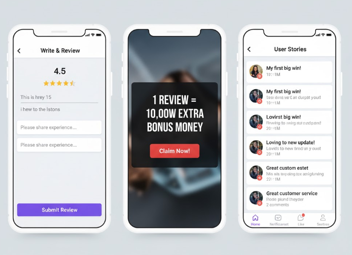 후기 작성 화면과 '후기 1개 = 1만원 추가 꽁머니' 팝업