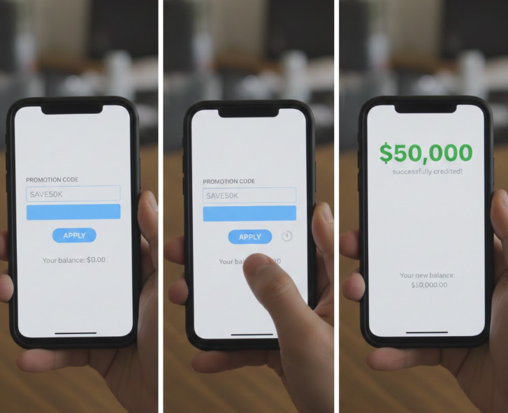 프로모션 코드 입력창에 코드 넣고 적용 버튼 누르는 순간 50,000원 적립 프로모션 코드 입력창에 코드 넣고 적용 버튼 누르는 순간 50,000원 적립