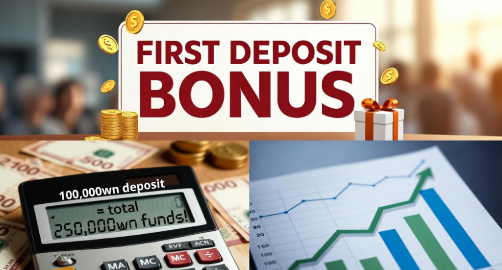 첫충+꽁머니 패키지 배너, '10만 충전 시 총 25만 자금!' 계산기 이미지와 수익 그래프