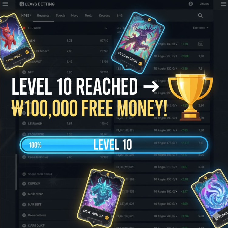 레벨업 진행바와 황금 트로피 아이콘, '레벨 10 달성 → 10만원 꽁머니!'