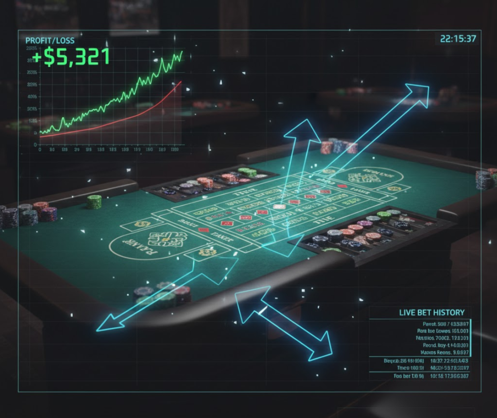바카라 테이블 화면에 베팅 패턴 화살표와 수익 그래프