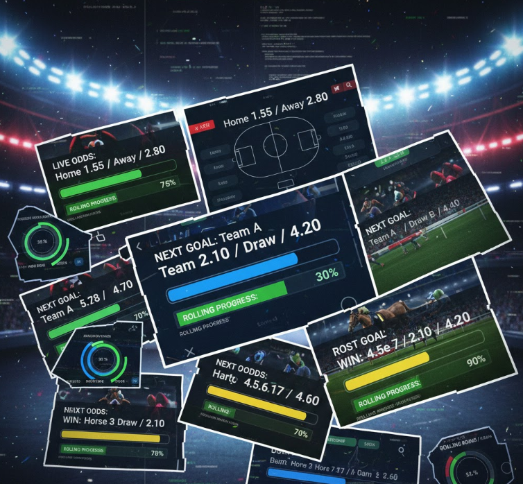 토토 스포츠 경기 스크린샷 콜라주, 배당률과 롤링 프로그레스 바를 강조한 동적 이미지 토토 스포츠 경기 스크린샷 콜라주, 배당률과 롤링 프로그레스 바를 강조한 동적 이미지