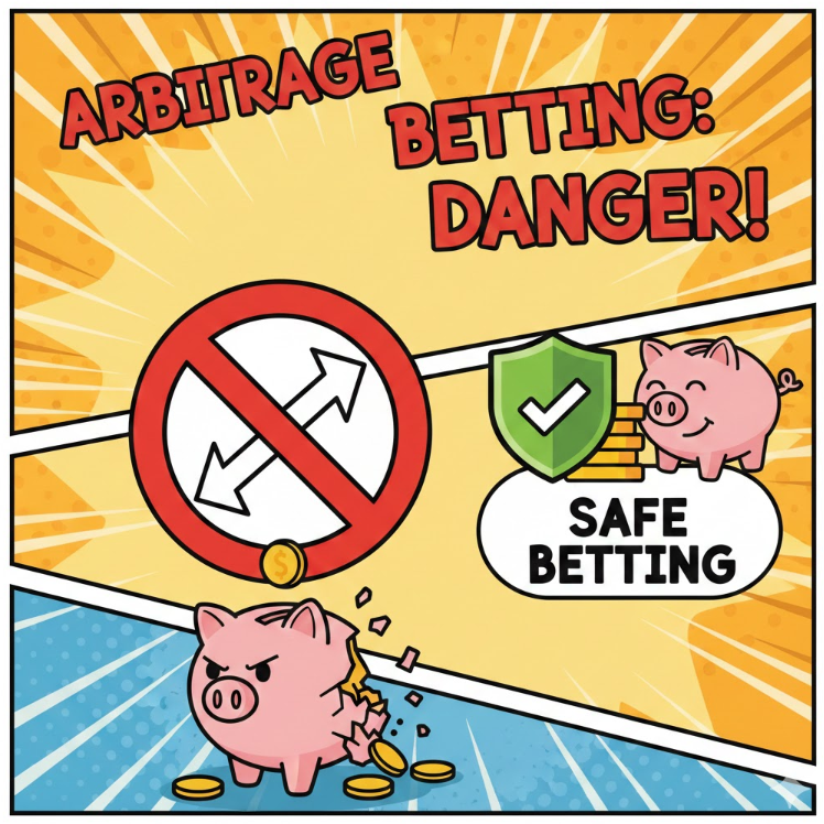 양방 배팅 위험을 경고하는 만화 스타일 일러스트, 금지 표시와 안전 배팅 아이콘으로 구성된 이미지 양방 배팅 위험을 경고하는 만화 스타일 일러스트, 금지 표시와 안전 배팅 아이콘으로 구성된 이미지